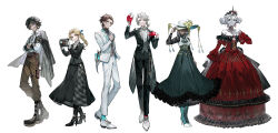  3boys 3girls absurdres alice_deross alternate_costume aqua_pantyhose aqua_socks arm_behind_back ascot back_bow belt belt_boots belt_pouch bird_mask black_choker black_coat black_gloves black_hair black_jacket black_nails black_pants black_shirt black_shoes black_skirt black_sleeves black_veil blonde_hair blue_eyes blue_necktie blue_ribbon boots bow bowtie brooch brown_belt brown_eyes brown_hair brown_pants brown_vest camera center_frills choker cleavage_cutout closed_mouth clothing_cutout coat collared_shirt colored_skin cross-laced_shoes crossed_arms crown cup curly_hair curtained_hair dress dress_shirt dress_shoes drinking_glass earrings expressionless fishnet_gloves fishnets floating_earrings flower formal_clothes frederick_kreiburg frilled_skirt frilled_sleeves frills full_body gloves gown green_ascot green_skirt grey_bow grey_bowtie grey_eyes grey_skin grey_vest hair_between_eyes hair_ribbon hair_rings hair_slicked_back hand_on_headwear hand_on_own_chest hat hat_flower hat_tassel high-waist_skirt high_heel_boots high_heels highres holding holding_camera holding_cup holding_mask identity_v jacket jacket_on_shoulders jewelry juliet_sleeves lace lace_sleeves lapel_pin lapels lineup long_hair long_skirt long_sleeves looking_at_viewer low_ponytail mary_(identity_v) mask medium_hair melly_plinius monocle multicolored_skin multiple_boys multiple_girls mura_karuki nail_polish necklace necktie newsboy_cap norton_campbell notched_lapels off-shoulder_dress off_shoulder official_art open_clothes open_collar open_jacket orange_eyes orpheus_(identity_v) oxfords pale_skin pants pantyhose parted_bangs pendant_choker picture_hat plaid_clothes plaid_skirt pointed_crown ponytail pouch puffy_sleeves red_dress red_gloves red_socks ribbon scar scar_on_face shirt shoes short_hair simple_background skirt sleeve_cuffs smile socks standing stitched_arm stitched_face stitches suspenders swept_bangs tailcoat tassel thigh_pouch three-quarter_sleeves undershirt veil veil_over_eyes vest wallet_chain white_ascot white_background white_hair white_jacket white_pants white_shirt white_shoes wine_glass yellow_flower 