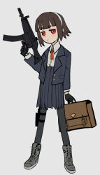  1girl bad_id bad_pixiv_id black_gloves black_pantyhose blazer blue_jacket blue_skirt boots briefcase brown_hair closed_mouth collared_shirt dress_shirt full_body gloves gun h&amp;k_mp5 hairband high-waist_skirt highres holding holding_briefcase holding_gun holding_weapon jacket jitome looking_at_viewer neck_ribbon original pantyhose pleated_skirt pouch red_eyes red_ribbon ribbon shirt short_eyebrows short_hair simple_background skirt solo sqq standing submachine_gun thigh_pouch weapon white_background white_hairband white_shirt 