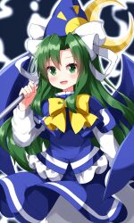  1girl :d blue_hat blue_shirt blue_skirt blue_wings blush bow bowtie commentary_request crescent eyes_visible_through_hair frilled_shirt frills ghost_tail green_eyes green_hair hair_intakes hand_up hat highres holding holding_staff layered_sleeves long_hair long_sleeves looking_at_viewer mima_(touhou) open_mouth ribbon ruu_(tksymkw) shirt short_over_long_sleeves short_sleeves skirt smile solo staff touhou touhou_(pc-98) white_ribbon white_shirt wings wizard_hat yellow_bow yellow_bowtie 