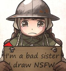  1girl braid brown_eyes brown_gloves brown_hair commentary english_commentary english_text frown gloves holding holding_sign ironlily low_twin_braids original pet_shaming sign sign_around_neck solo tearing_up tears twin_braids twin_braids_sister_(ironlily) upper_body 