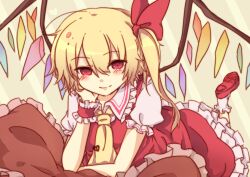  1girl ascot blush bobby_socks closed_mouth crystal_wings dress flandre_scarlet frilled_cuffs frilled_dress frilled_sleeves frills gensou_aporo hair_ribbon hand_on_own_face hand_up looking_at_viewer puffy_short_sleeves puffy_sleeves red_dress red_eyes red_ribbon red_shoes ribbon shoes short_sleeves smile socks solo split_mouth touhou white_socks wings wrist_cuffs yellow_ascot 