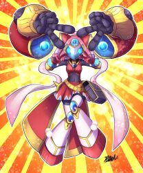  1girl :3 assault_visor blue_eyes commission covered_navel double_v duel_masters extra_arms fanny_pack hagoromo highres mecha_musume miroku_(duel_masters) namioka_nishihito robot_girl shawl signature skeb_commission solo v 