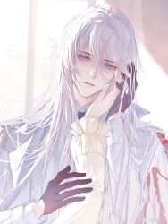  1boy aiguillette black_gloves blurry blurry_background cael_anselm cael_anselm_(infinite_empire) cape chinese_commentary collared_shirt crying crying_with_eyes_open epaulettes feng_lin_guan frilled_sleeves frills gloves hair_between_eyes hand_on_another&#039;s_arm hand_on_another&#039;s_cheek hand_on_another&#039;s_face hand_on_another&#039;s_hand head_tilt heroine_(lovebrush_chronicles) highres indoors jacket lips long_bangs long_hair long_hair_between_eyes long_sleeves looking_at_viewer lovebrush_chronicles male_focus military_uniform parted_lips pov pov_hands shirt solo_focus sunlight tears upper_body violet_eyes watermark weibo_watermark white_cape white_hair white_jacket 
