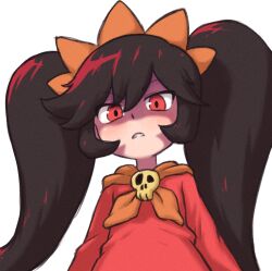  1girl ashley_(warioware) beachepisode black_hair dress hair_between_eyes hairband long_hair long_sleeves looking_at_viewer neckerchief orange_hairband orange_neckerchief parted_lips red_dress red_eyes skull_ornament solo twintails upper_body very_long_hair warioware white_background 