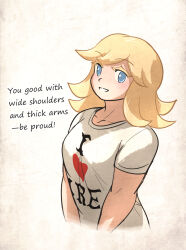  1girl blonde_hair blue_eyes breasts colored_eyelashes commentary english_commentary english_text engrish_text highres ironlily large_breasts original perlweiss_(ironlily) ranguage shirt solo t-shirt thick_arms upper_body 
