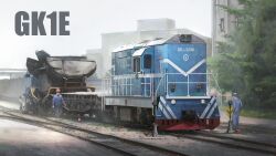  2boys building china day diesel_locomotive highres lhlclllx97 locomotive multiple_boys original railing railroad_tracks scenery shadow train vehicle_focus vehicle_name 