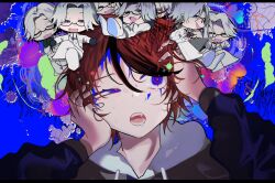  6+boys :d abstract_background aotsuki_eito bad_anatomy bad_hands black_gloves black_streaks blue_eyes blue_liquid chibi chibi_on_head colorful fangs glasses gloves grey_hair grin hair_intakes half-closed_eye hand_on_own_head head_tilt highres hood hood_down jacket looking_at_viewer looking_to_the_side male_focus multicolored_eyes multiple_boys multiple_persona nadumeko on_head open_mouth pants portrait red_eyes red_hair saliva semi-rimless_eyewear short_hair single_tear smile sumino_takumi sweat the_hundred_line_-last_defense_academy- violet_eyes white_jacket white_pants 