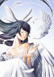  1girl absurdres angel_wings animal artist_name bare_shoulders bird black_hair blunt_bangs clip_studio_paint_(medium) closed_eyes collarbone columbina_(genshin_impact) dove expressionless falling_feathers faux_traditional_media feathered_wings feathers floating_hair genshin_impact hair_tubes hands_up head_wings highres long_hair long_sidelocks low-tied_sidelocks multiple_wings nifast_(greentail) off_shoulder parted_lips sidelocks solo straight_hair u_u upper_body very_long_hair white_bird white_feathers white_wings wings x-shaped_eyewear 