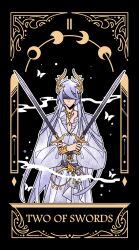  1boy absurdres black_background black_sash blindfold bug butterfly cael_anselm cael_anselm_(midnight_epilogue) card_(medium) closed_mouth covered_eyes cowboy_shot crossed_arms dual_wielding english_text expressionless facing_viewer frilled_robe gold_necklace hair_between_eyes hair_ornament highres holding holding_sword holding_weapon jewelry long_bangs long_hair long_sleeves lovebrush_chronicles male_focus moon_phases necklace outline robe roman_numeral sash simple_background smoke solo standing sword tarot tarot_(medium) two_of_swords very_long_hair weapon white_butterfly white_hair white_outline white_robe wing_hair_ornament ya_ji_zhou 