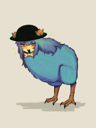  1girl absurdres bird black_hat blue_hair bow bowtie commentary english_commentary full_body grey_background hat highres hinanawi_tenshi human_head kiwi_(bird) long_hair open_mouth peach_hat_ornament pun red_eyes simple_background smile solo touhou vanima_viii white_bow white_bowtie 