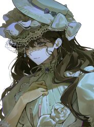  1girl baegi201 black_hair bow closed_mouth dress gloves gown hand_up hat hat_bow highres isolde_(reverse:1999) juliet_sleeves long_hair long_sleeves puffy_sleeves reverse:1999 smile solo upper_body veil violet_eyes white_background white_bow white_dress white_hat white_veil yellow_gloves 