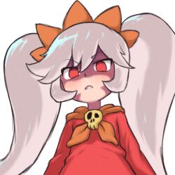 1girl ashley_(warioware) beachepisode dress hair_between_eyes hairband long_hair long_sleeves looking_at_viewer neckerchief no_pupils official_alternate_hair_color orange_hairband orange_neckerchief parted_lips red_dress red_eyes skull_ornament solo twintails upper_body very_long_hair warioware white_background white_hair 