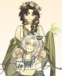  2girls albadove bow brown_eyes brown_hair commission creature dress fairy flower flower_wreath gradient_background green_bow green_shawl grin hair_bow hair_over_shoulder hands_on_another&#039;s_shoulders head_wreath highres long_braid long_hair looking_at_viewer multiple_girls original parted_bangs ponytail red_eyes reverse:1999 sample_watermark shawl smile teeth tooth_fairy_(fairies_dancing_at_dawn)_(reverse:1999) tooth_fairy_(reverse:1999) upper_body watermark white_dress white_flower white_hair yellow_background 