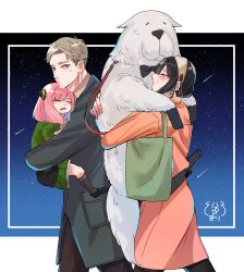  1boy 2girls animal anya_(spy_x_family) bag black_bow black_bowtie black_hair black_pantyhose black_shoes bond_(spy_x_family) border bow bowtie child closed_eyes coat cow dog dress drooling earrings gold_earrings green_bag green_dress grey_coat grey_socks hair_between_eyes hairband hairpods highres holding holding_animal holding_dog jewelry leash mouth_drool multiple_girls night night_sky orange_coat pantyhose shoes short_hair shoulder_bag sidelocks sky sleeping socks spy_x_family sweatdrop twilight_(spy_x_family) umini_ikukara walking white_border white_hairband yor_briar 