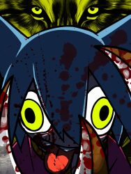  1girl animal_background animal_ears blood blood_on_face blood_on_weapon blue_hair claw_(weapon) commentary_request countdown_illustration crazy dog_ears dog_girl highres jouzai_(song) looking_at_viewer muyangchen_(jouzai) open_mouth portrait second-party_source sharp_teeth shimatsuku smile solo straight-on teeth tongue tongue_out wall-eyed weapon wide-eyed wolf yellow_background yellow_eyes 