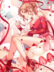  1girl balloon bare_shoulders blonde_hair blueberry blush boots box breasts cake cape confetti detached_sleeves dress eating final_fantasy final_fantasy_vi food fork fruit full_body gift gift_box hair_ribbon heart_balloon high_heel_boots high_heels highres holding holding_cake holding_food holding_fork holding_plate long_hair looking_at_viewer medium_breasts parted_bangs parted_lips pink_cape pink_ribbon plate ponytail red_boots red_dress red_ribbon red_sleeves ren_mizuha ribbon sash see-through_cape short_dress sitting solo strapless strapless_dress strawberry streamers terra_branford tube_dress waist_sash wavy_hair 