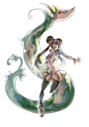 1girl absurdres black_pantyhose blue_shirt brown_hair donut_hair_bun double_bun full_body hair_bun hat highres pantyhose pokemon pokemon_bw2 rosa_(pokemon) serperior shirt simple_background snake twintails vincent_graphic_art visor_cap white_background white_hat white_shirt