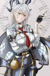  1girl ahoge arm_under_breasts arm_up belt belt_pouch black_choker black_gloves black_pants cape chest_harness chinese_commentary choker clock collar commentary cowboy_shot earrings frilled_collar frills gloves gold_trim grey_background grey_cape hair_between_eyes half_gloves harness heidianzashipu highres hip_flask holding holding_earrings holding_key horns jewelry key key_earrings long_hair looking_at_viewer necktie pants pouch red_eyes red_necktie roman_numeral shirt single_earring solo tail_around_own_leg three-quarter_sleeves tie_clip white_hair white_shirt wuthering_waves zani_(wuthering_waves) 