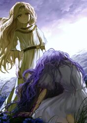  1boy 1girl blonde_hair cabbagekei circlet closed_mouth commentary commission dual_persona elden_ring elden_ring:_shadow_of_the_erdtree highres long_hair miquella_(elden_ring) purple_hair robe sitting spoilers st._trina_(elden_ring) trap wavy_hair white_robe yellow_eyes 