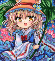 1girl :d blonde_hair blue_dress blush dress flower frills hat hat_flower holding leaf_umbrella long_sleeves looking_at_viewer marker_(medium) moriya_suwako open_mouth rui_(sugar3) sample_watermark smile solo touhou traditional_media upper_body watermark wide_sleeves yellow_eyes 