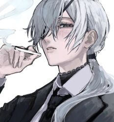  1girl black_choker black_jacket black_necktie business_suit chainsaw_man choker cigarette eyepatch grey_hair highres holding holding_cigarette jacket kohaa_ku lace-trimmed_choker lace_trim long_hair looking_at_viewer necktie parted_lips ponytail quanxi_(chainsaw_man) shirt_tucked_in simple_background smoke smoking solo suit suit_jacket white_background 