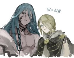  2boys azrael_(grand_assassin)_(fate) blonde_hair blue_hair body_markings fate/grand_order fate_(series) frown hair_over_one_eye highres long_hair looking_at_viewer medium_hair multiple_boys pontarou4321 scar scar_on_face simple_background sketch tezcatlipoca_(fate) tezcatlipoca_(young)_(fate) upper_body white_background 