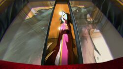  1girl animal_ears arms_at_sides asymmetrical_sleeves blue_hair china_dress chinese_clothes chromatic_aberration claw_(weapon) commentary_request dog_ears dog_girl dress elevator elevator_door fisheye from_below full_body head_tilt highres indoors jouzai_(song) milestone_celebration muyangquan_(jouzai) open_mouth opening_door pelvic_curtain pink_dress reflection sharp_teeth shimatsuku smile solo standing teeth tongue tongue_out uneven_sleeves wall-eyed weapon wide-eyed wolf yellow_eyes 