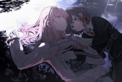  1girl 1other akiyama_mizuki arm_hug belt black_jacket blurry brown_eyes brown_hair depth_of_field hair_down highres jacket kyline long_hair long_sleeves looking_at_another lying necktie off-shoulder_shirt off_shoulder on_back on_side pink_eyes pink_hair pink_shirt project_sekai puddle rain shinonome_ena shirt short_hair tank_top wet wing_collar 