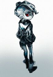  1boy bag boots grey_background greyscale highres jacket looking_back male_focus mohawk monochrome octoling octoling_boy octoling_player_character red_eyes short_hair shoulder_bag solo splatoon_(series) splatoon_3 spot_color tentacle_hair thick_eyebrows undercut walking ze090 