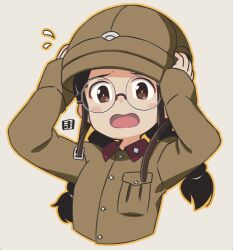  1girl arms_up black_hair blush_stickers braid brown_eyes brown_helmet brown_outline brown_shirt collared_shirt commentary_request cropped_torso dress_shirt flying_sweatdrops fukuda_haru girls_und_panzer glasses grey_background hands_on_headwear helmet long_hair long_sleeves looking_at_viewer low_twintails mawaru_(mawaru) open_mouth outline round_eyewear shirt simple_background sleeves_past_wrists solo twin_braids twintails upper_body 