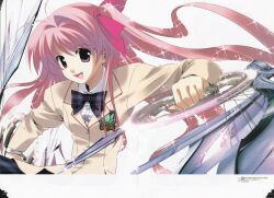  1girl :d absurdres bow bowtie chaos;head d-sword hair_bow hair_ribbon highres holding holding_sword holding_weapon long_hair long_sleeves looking_at_viewer non-web_source official_art open_mouth pink_hair ribbon sakihata_rimi sasaki_mutsumi school_uniform science_adventure shirt smile solo suimei_academy_school_uniform sword weapon 