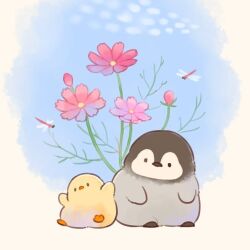  animal_focus baby_animal beak bird black_eyes blue_sky bud bug chick commentary_request day dragonfly flower looking_at_another mofupiyo no_humans original outdoors penguin penguin_chick pink_flower sitting sky solid_oval_eyes 