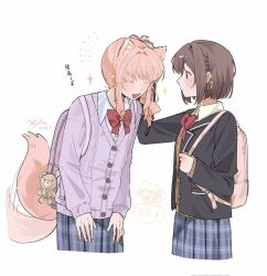  1girl 1other akiyama_mizuki animal_ears backpack bag black_jacket blazer bow bowtie brown_hair cardigan extra_ears happy headpat highres jacket kemonomimi_mode kyline long_hair pink_hair plaid_clothes plaid_skirt pleated_skirt project_sekai purple_cardigan red_bow red_bowtie school_uniform shinonome_ena shirt short_hair side_ponytail sidelocks simple_background skirt tail tail_wagging white_shirt 