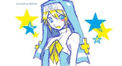 1girl :d bare_shoulders blonde_hair blue_eyes blue_star blush_stickers bow bridget_(guilty_gear) collarbone fang female_focus female_only guilty_gear habit looking_at_viewer microsoft_paint_(medium) ramchocolethal simple_background single_blush_sticker sketch smile solo solo_focus star_(symbol) star_symbol_background transgender transgender_flag transgender_symbol twitter_username veil white_background yellow_bow yellow_star
