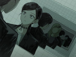  2girls 40_(g1qazr0plm) black_eyes black_hair black_jacket blazer blonde_hair claire_(jimoto_saikou) commentary_request different_reflection dutch_angle faceless faceless_female highres indoors jacket jewelry jimoto_saikou lapels long_hair looking_at_mirror low_ponytail mirror multicolored_hair multiple_girls necklace open_clothes open_jacket ponytail recursion reflection roots_(hair) shirt shizuka_(jimoto_saikou) swept_bangs tile_wall tiles white_shirt wide-eyed 