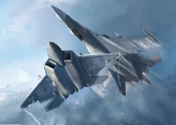  2others absurdres aerial_battle air-to-air_missile aircraft airplane battle canopy_(aircraft) commentary_request contrail day f-22_raptor fighter_jet flying from_below grey_sky helmet highres military_vehicle missile multiple_others original outdoors people&#039;s_liberation_army people&#039;s_liberation_army_air_force pilot pilot_helmet pl-10 pl-12 roundel russian_commentary shenyang_j-16 sky united_states_air_force upside-down vehicle_focus yukikaze_supersylph 