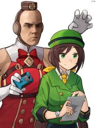  absurdres agent_47 armband bald bowler_hat bridle brown_hat camera dress ear_covers gamryous gloves gold_ship_(red_strife)_(umamusume) gold_ship_(umamusume) green_hat green_jacket hat hayakawa_tazuna highres hitman_(game) horseshoe_hat_ornament horseshoe_ornament jacket necktie pillbox_hat red_dress skirt skirt_suit sleeveless sleeveless_dress split_ponytail striped_armband striped_clothes suit tablet_pc umamusume watch white_gloves yellow_necktie 
