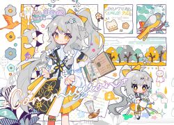  1girl ahoge bird blush_stickers book bow candle chibi chibi_only closed_mouth commentary grey_hair hair_bow highres holding holding_watering_can long_hair long_sleeves looking_at_viewer mirta multiple_views open_book original pleated_skirt ponytail rainbow shirt skirt smile symbol-only_commentary teruterubouzu tree watering_can white_background white_shirt yellow_bow yellow_eyes yellow_skirt 