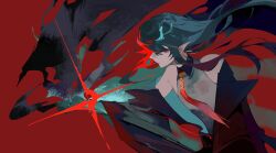  1girl arknights black_hair colored_extremities colored_skin dragon_girl dragon_horns dusk_(arknights) earrings green_hands green_horns green_skin highres horns jewelry pointy_ears red_eyes snieot46 solo tassel tassel_earrings 