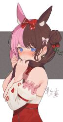  1girl absurdres animal_ears bare_shoulders blush bow brown_hair closed_mouth dress ear_piercing earrings embarrassed extra_ears food-themed_earrings food-themed_hair_ornament green_ribbon grey_background hair_bow hair_bun hair_ornament hair_ribbon hanazawa_ma highres jewelry long_hair looking_at_viewer multicolored_hair piercing pink_hair pink_sleeves rabbit_ears rabbit_girl red_bow red_dress ribbon signature solo split-color_hair strawberry_earrings strawberry_hair_ornament tachibana_hinano twintails two-tone_hair violet_eyes virtual_youtuber vspo! white_background white_bow white_dress white_sleeves 