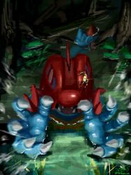  attack claws fangs feraligatr glowing glowing_eyes highres lily_pad looking_at_viewer mega_feraligatr mega_pokemon no_humans open_mouth partially_submerged pokemon pokemon_(creature) pokemon_focus pokemon_legends:_z-a rhond_45 sharp_teeth swimming tail teeth totodile tree water yellow_eyes 