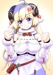  1girl absurdres ahoge animal_ears blonde_hair closed_mouth dress fur-trimmed_dress fur_trim hair_ornament hairpin highres hololive horns kajimakoto sheep_ears sheep_girl sheep_horns smile solo tsunomaki_watame tsunomaki_watame_(1st_costume) violet_eyes virtual_youtuber white_background white_dress 