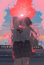  1girl 1other akiyama_mizuki blurry bow bowtie brown_eyes brown_hair cherry_blossoms cowboy_shot dated depth_of_field dusk hair_down highres holding_hands kyline long_hair looking_at_viewer pink_eyes pink_hair plaid_clothes plaid_skirt pleated_skirt project_sekai red_bow red_bowtie school_uniform shinonome_ena shirt shirt_tucked_in short_hair short_sleeves skirt sky sun white_shirt 