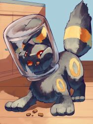  animal_focus black_fur colored_sclera crumbs head_in_jar highres jar no_humans open_mouth p9kfxaofqi54546 pokemon pokemon_(creature) pokemon_focus red_eyes red_sclera solo tail umbreon 