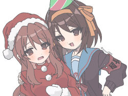  2girls arm_on_another&#039;s_shoulder armband asahina_mikuru blue_sailor_collar blush brown_cardigan brown_hair cardigan christmas commentary_request dot_nose embarrassed fur-trimmed_headwear fur_trim hair_ribbon hairband hat long_hair long_sleeves medium_hair mittens multiple_girls nanonome no_pupils party_hat red_armband red_shirt ribbon sailor_collar santa_hat shirt sidelocks simple_background straight_hair suzumiya_haruhi suzumiya_haruhi_no_shoushitsu suzumiya_haruhi_no_yuuutsu tareme twitter_username upper_body v-shaped_eyebrows wavy_mouth white_background white_mittens winter_uniform yellow_ribbon 