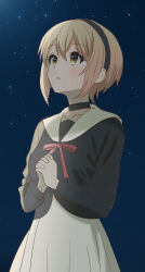 1girl black_dress blonde_hair hoshikuzu_telepath kirara_fantasia red_eyes school_uniform short_hair takaragi_haruno uniform