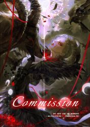  absurdres arched_back bird black_dress black_gloves black_horns blank_eyes commission crow curled_horns dress english_text eyeshadow feather-trimmed_dress frilled_gloves frills gloves goat goat_horns hair_pulled_back head_back highres horns identity_v lace looking_up makeup official_alternate_costume pale_skin profile red_eyeshadow red_lips runny_makeup sangria_(identity_v) shikouquan shirt wavy_hair white_hair white_shirt 