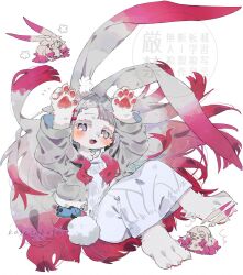  1girl animal_ears animal_hands blush charm_(object) colored_eyelashes dress eyelashes full_body furry grey_eyes grey_jacket happy highres jacket kogetakogeo long_hair long_sleeves open_mouth original paw_pose rabbit_tail sitting solo_focus tail very_long_ears watermark white_dress 