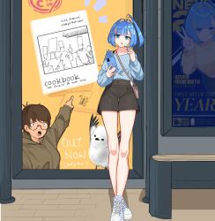  2girls ad ahoge bench bird black_shorts blue_hair blue_shirt bus_stop highres holding holding_phone huge_ahoge long_sleeves meme mouhantain multiple_girls original phone pointing shirt shoes short_hair shorts two_soyjaks_pointing_(meme) v white_shoes 
