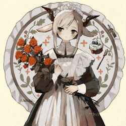  1girl absurdres animal_ears apron black_eyes blush bouquet closed_mouth dot_nose dress embroidery flower fork highres horns leaf long_sidelocks long_sleeves looking_to_the_side maid maid_headdress orange_flower orange_pupils orange_rose original rose sakutake_(ue3sayu) sidelocks signature solo square white_apron white_hair 